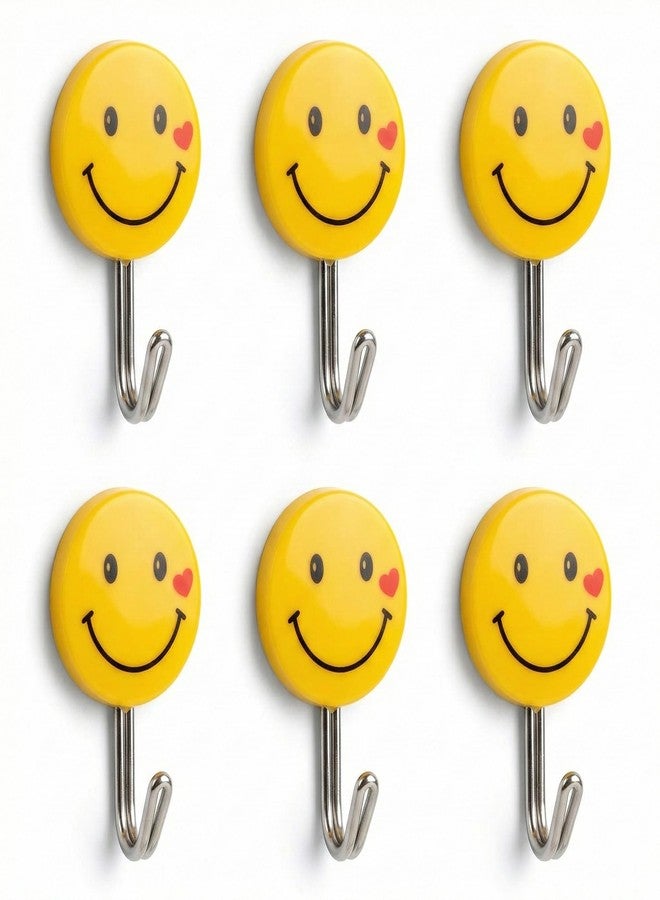 CELLEBII® Self Adhesive Smiley Wall Steel Hooks Strong Wall Sticker Holder Door Hanger Hook (Pack of 6) - Image 1